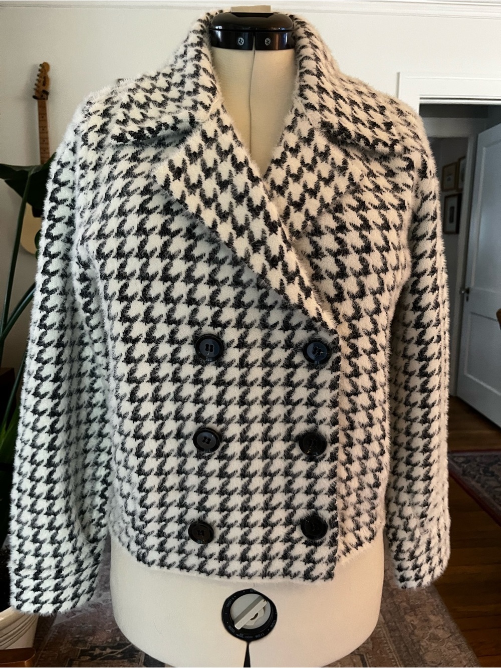 Kut from the Kloth Black and White Houndstooth Double-Breasted Sweater Jacket